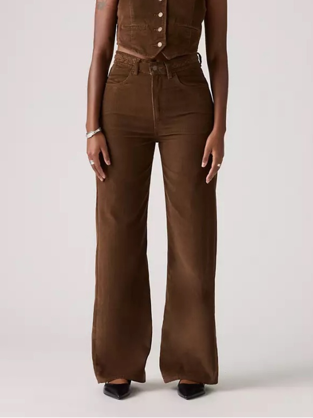 Levi’s Ribcage Wide Leg Jeans 29 Brown Corduroy Braided Waist High Rise Cotton